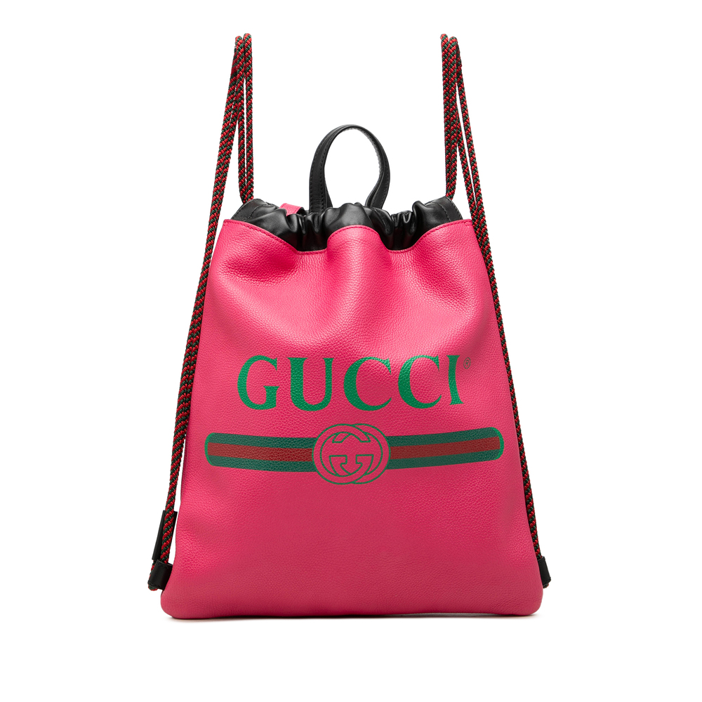 Pre-Loved Gucci Grained Calfskin Web Logo Drawstring Backpack